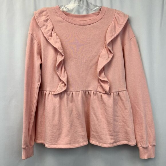 The Get Tops - The Get Womens Peplum Top Pink Long Sleeve Ruffles Crew Neck Cotton S